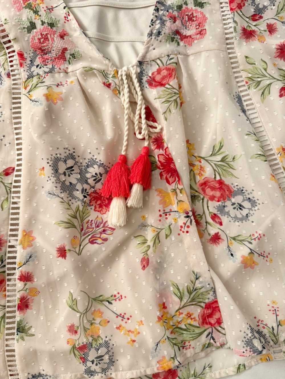 Time and Tru Ivory Floral Tie-Front Peasant Blouse with Red Tassels - Picture 5 of 10